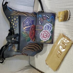 Anuschka Grey handpainted rose animal print safari hobo shoulder bag nwot